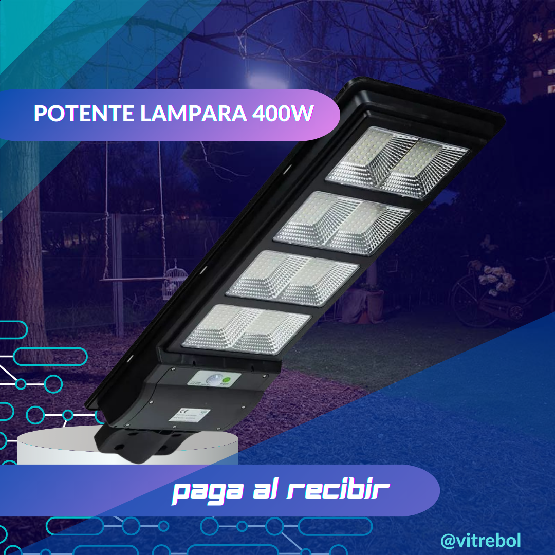 Lampara con panel solar grande 400 W - Potente y duradera.